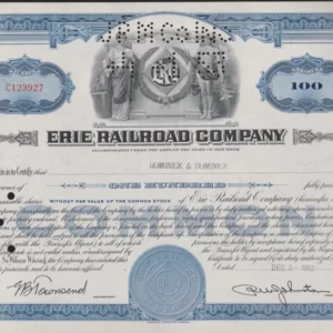 Erie Railroad Co. Stock Certificate - 100 - Shares Blue 1952s-53s #C123927