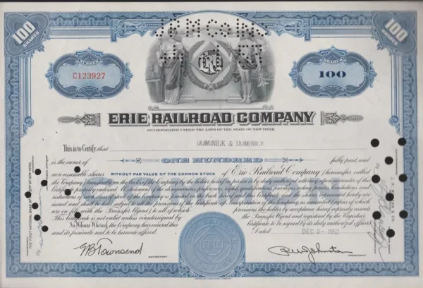 Erie Railroad Co. Stock Certificate - 100 - Shares Blue 1952s-53s #C123927