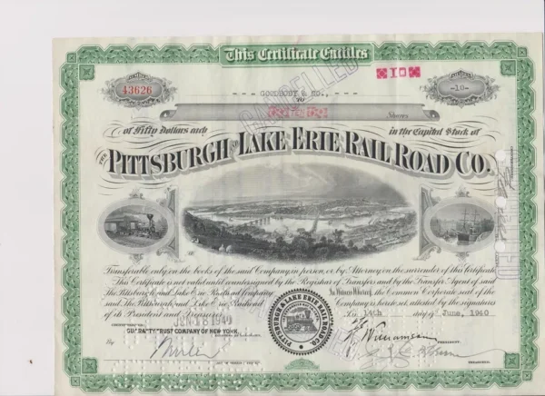 Pittsburgh And Lake Erie Railroad Co. Stock Certificate with Stamp  #43626