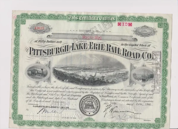 Pittsburgh And Lake Erie Railroad Co. Stock Certificate with Stamps  #43625