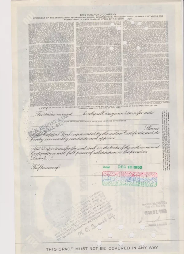 Erie Railroad Co. Stock Certificate - 100 - Shares Blue 1952s-53s #C123927 - Image 2