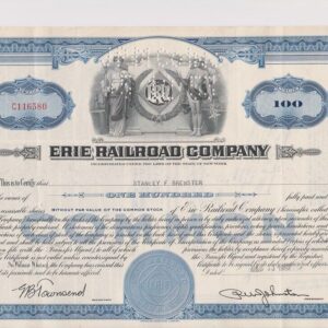 Erie Railroad Co. Stock Certificate - 100 - Shares Blue 1952s-53s #C116580