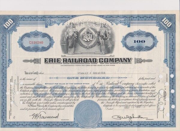 Erie Railroad Co. Stock Certificate - 100 - Shares Blue 1952s-53s #C116580