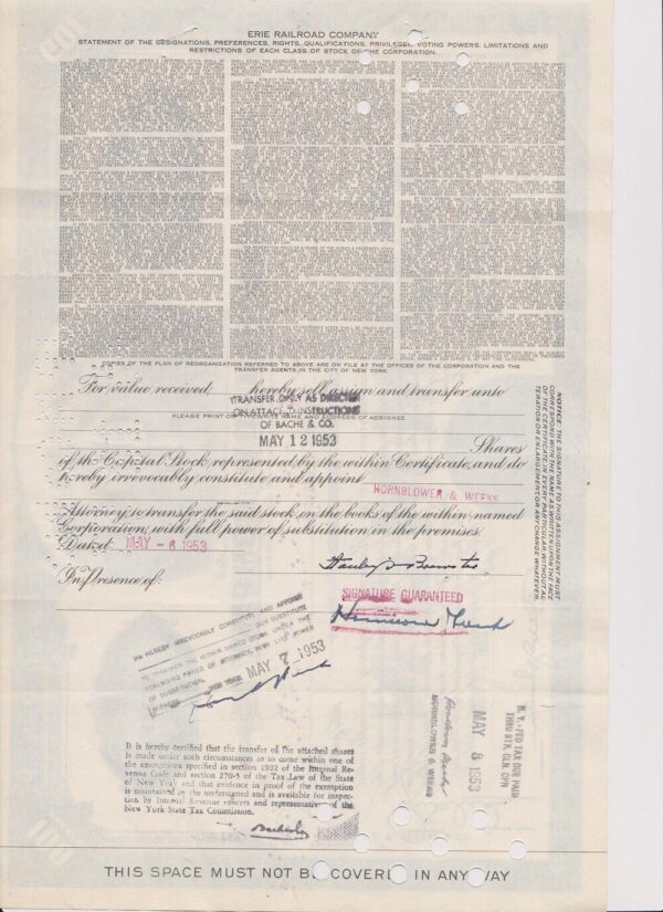 Erie Railroad Co. Stock Certificate - 100 - Shares Blue 1952s-53s #C116580 - Image 2