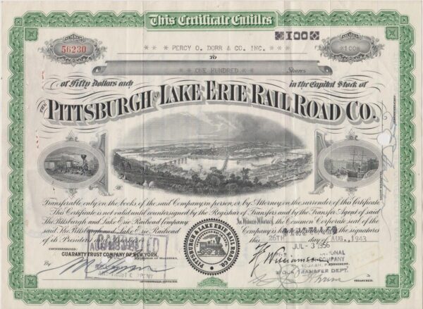 Pittsburgh And Lake Erie Railroad Co. Stock Certificate with Stamp #56230