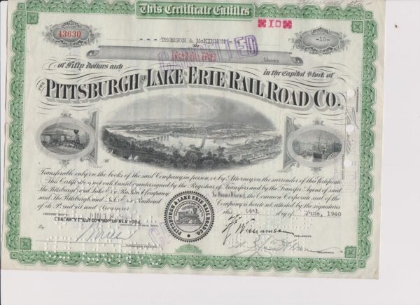 Pittsburgh And Lake Erie Railroad Co. Stock Certificate with Stamp  #43630