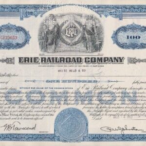 Erie Railroad Co. Stock Certificate - 100 - Shares Blue 1952s-53s #C123653