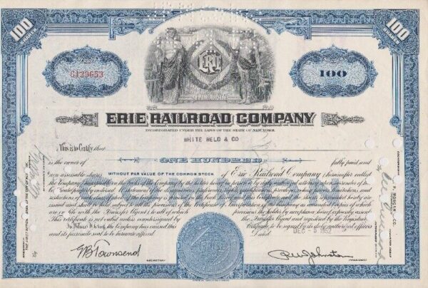 Erie Railroad Co. Stock Certificate - 100 - Shares Blue 1952s-53s #C123653